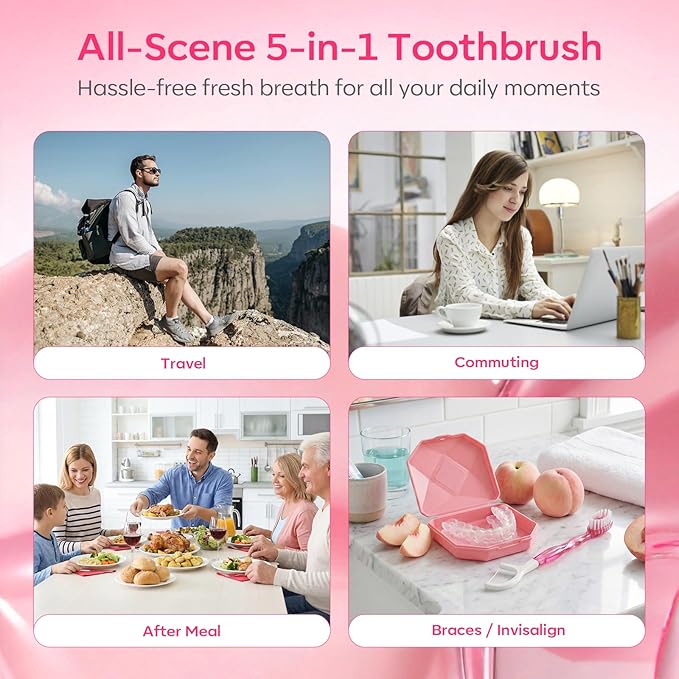 FAMILIFE Travel Toothbrush - 5 in 1 Mini Disposable Toothbrush with Toothpaste, Floss Picks & Tongue Scraper, Individually Wrapped Prepasted Brush for Weekend, Business Trip & Camping (Peach, 24pcs)