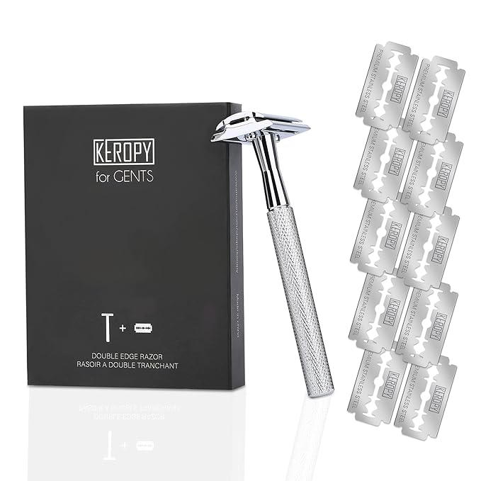 Single Blade Safety Razor With 10 Premium Stainless Steel Blades Double Edge Safety Razors For Men, Smooth Wet Shave Experience, Glossy Silver