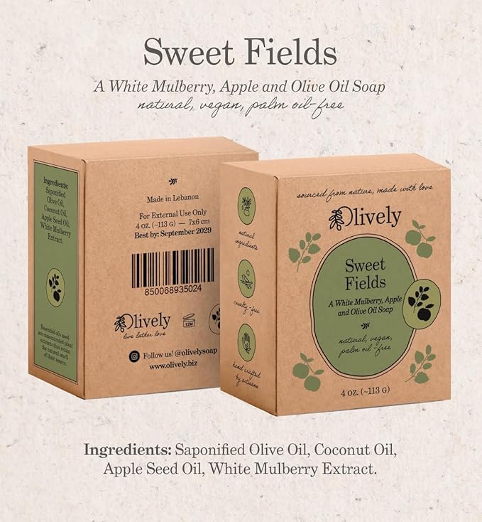 Olively Sweet Fields - Simple Ingredients - Cold Process - Vegan Soap Bar, White Mulberry Apple and Olive Oil, Palm Oil-Free, 4 oz