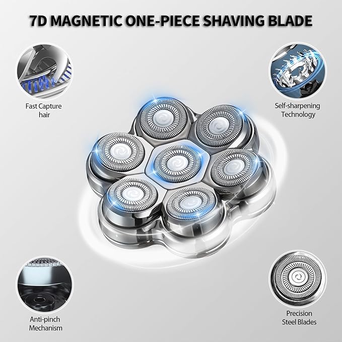 Magnetic Head Shaver Replacement Heads 7 Double Ring Waterproof Rotary Razor Blades for Bald Men Compatible with Freebird wyklaus shpavver (Silver)