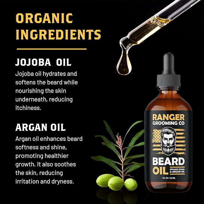 Leven Rose Ranger Grooming Unscented Beard Oil for Men - Organic Jojoba & Argan Oil - Fragrance Free - Made in USA - 1 FL OZ / 30 ML