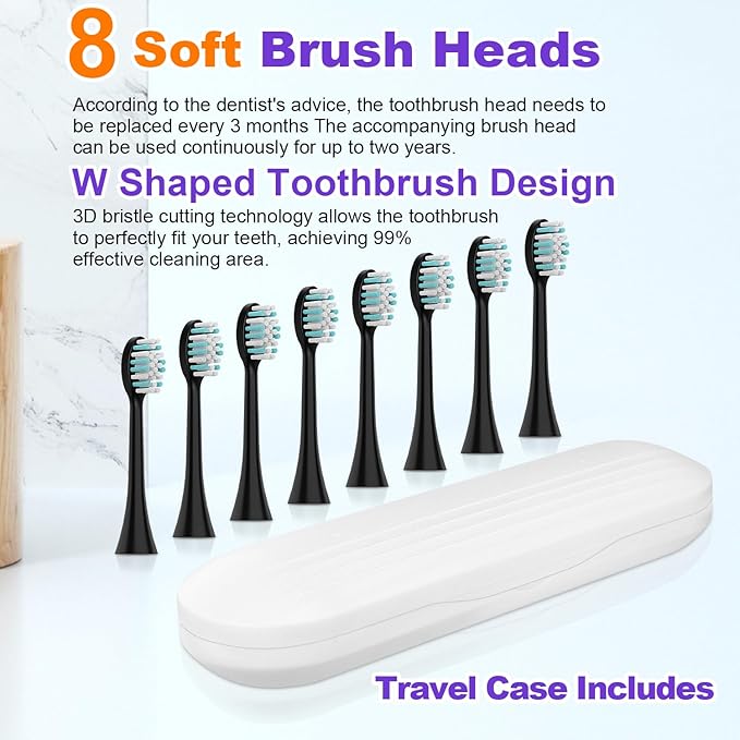 Whitening Electric Toothbrush for Adults and Kids, Rechargeable Toothbrush with 8 Brush Heads & Travel Case, 5 Modes & Smart Timer, 45000VPM Deep Clean, IPX7,One Fast Charge Last 120 Days - Black