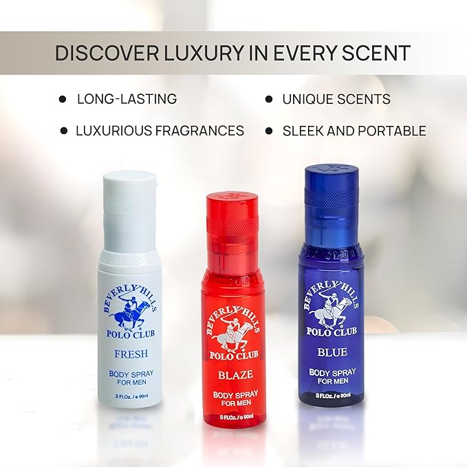 Beverly Hills Polo Club Men's Body Spray Collection - 3 x 3oz Designer Cologne Gift Set for Everyday Freshness & Travel