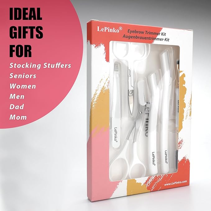 LePinko Eyebrow Trimmer Kit, 7 in 1 Eyebrow Scissors, Tweezer, Razor, Gromming Scissors Brush for Women Men, Gifts for Stocking Stuffers - White