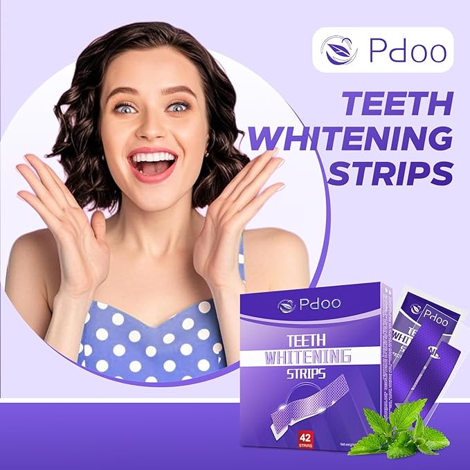 Teeth Whitening Strips 21 Treatments - 21 Days Treatment with Non-Slip & Enamel-Safe & No-Sensitivity, Teeth Whitening Kit for Coffee, Wine Stains Removal Fastly (42 Strips - Purple)