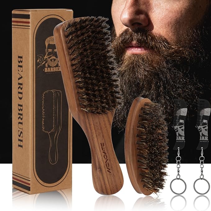Walnut Wood Beard Brush & Small Boar Bristles Brush Bundle for Men, Beard Grooming & Hair Styling Quiff, Straightens & Promotes Beard Growth - Works with Beard Oils and Balms