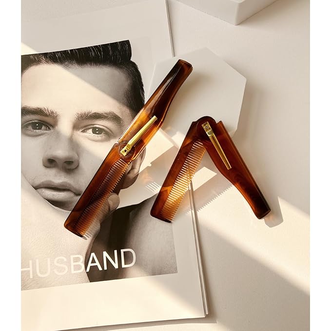 Men's Handmade Folding Pocket Comb, 6.69-Inch Amber Finish, Fine Tooth Comb for Hair, Beard, and Mustache Grooming