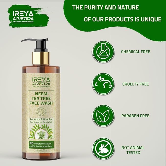 Neem Tea Tree Face Wash 200ml (6.76oz) with Neem Extract & Tea Tree Oil | Moisturizing Cleanser for Men and Women, Gentle Daily Wash for Soft and Smooth Skin