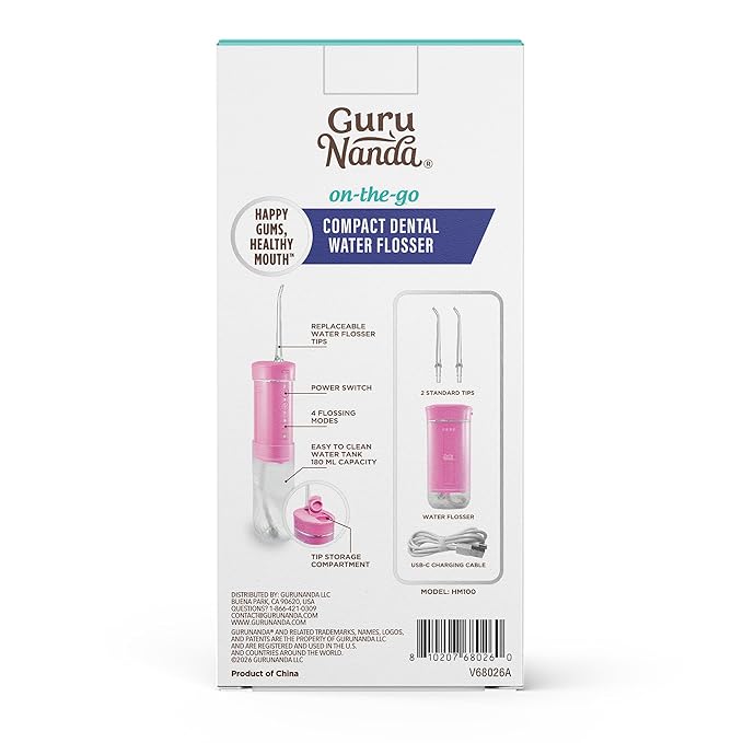 GuruNanda Compact Water Dental Flosser, Portable Travel Size Oral Irrigator Flosser with Collapsible 180 ml Tank, Smart Timer, 4 Flossing Modes, TSA-Friendly - Pink