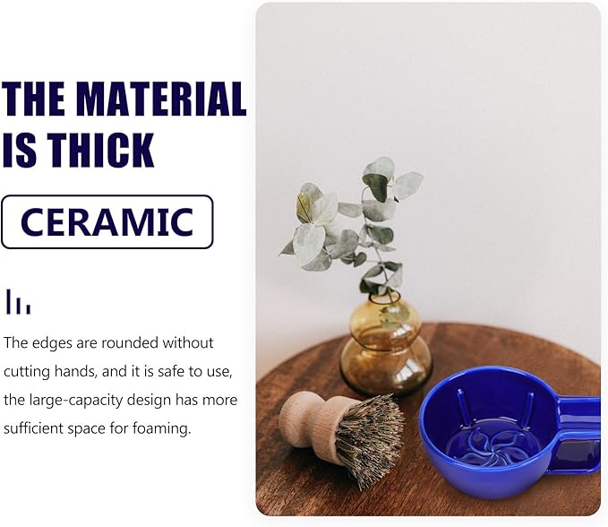 TEHAUX Ceramic Shaving Soap Bowl for Men with Handle Blue Wide Mouth Shaving Foaming Bowl Practical Barber for Wet Razor Use