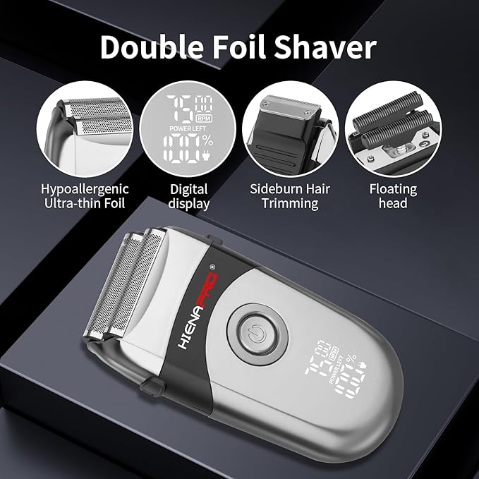 HIENA PRO Professional Beard Trimmer for Men, Reciprocating Electric foil Shaver & Bald Head Precision Trimmer, Men's Facial Grooming Tool with LED, Perfect Gifts for Men(Silver)