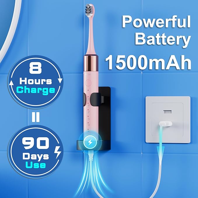 Sonic Electric Toothbrush for Adults & Kids, Rechargeable Electric Toothbrush with 10 Brush Heads & Travel Case, Teeth Whitening, Power Tooth Brush with Holder, Charge for 120 Days - Pink