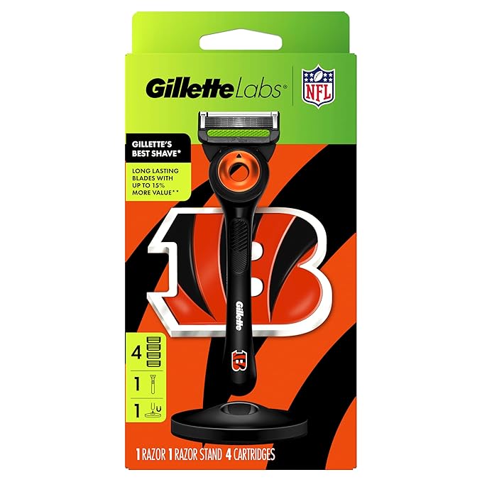 Gillette Labs Special NFL Bengals Edition Shaving Razor for Men - 1 Handle, 4 Razor Blade Refills & Magnetic Stand, Holiday Gifts for Men, GilletteLabs with Exfoliating Bar