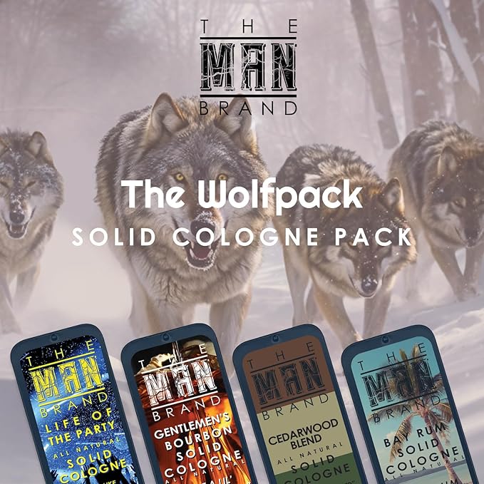 Solid Cologne Set with Bay Rum Solid Cologne, Bourbon Solid Cologne, Woodsman, and Life of the Party Solid Cologne - (Wolfpack Solid Cologne Sampler - 4 Pack - 0.75 oz each)