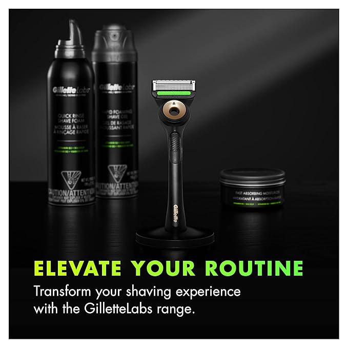 Gillette Labs Men's Razor with Exfoliating Bar, Shaving Kit Includes 1 Handle, 2 Blade Refills, 1 Premium Magnetic Stand, Black and Gold
