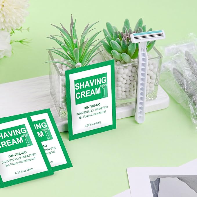 Disposable Razors Bulk - Pack of 50,Individually Wrapped Grey 3 Blade Razors with 8 ml/0.28 fl oz Packet Shaving Cream and Clear Cap for Homeless,Hotel,Shelter,Travel