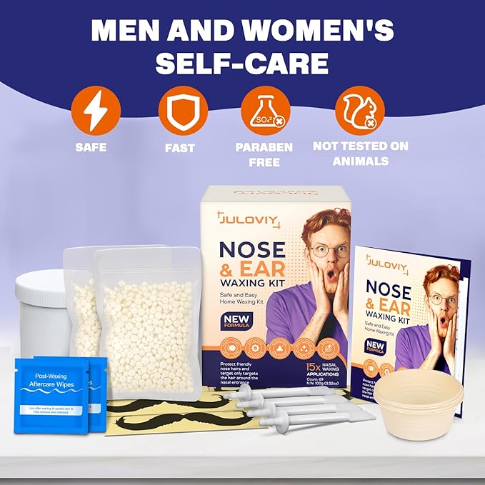 Super Nose & Ear Waxing Kit |100g Wax, 30 Applicators | Ear & Nose Hair Removal for Men & Women | No Microwave Needed | Includes Balm Wipes, Mustache Guards | Pain-Free Hair Remover, Long-Lasting