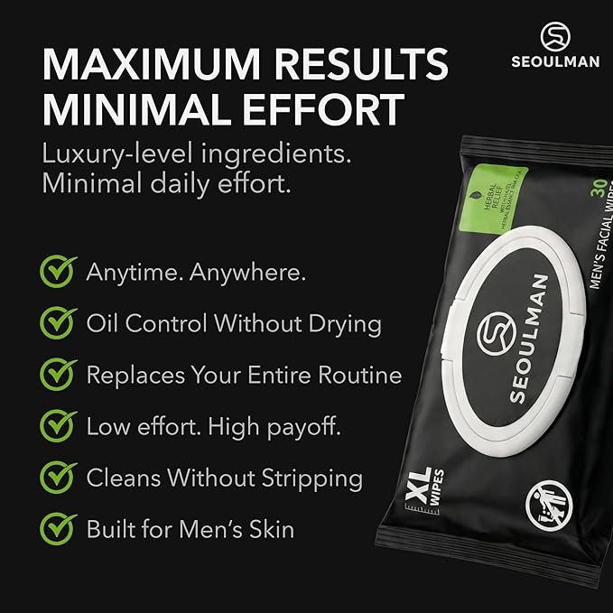 Seoulman Face Wipes for Men – All-In-One Skincare Cleansing Wipes with Niacinamide, Cica & Hyaluronic Acid – Alcohol-Free, pH Balanced – Extra Large, 30 Count