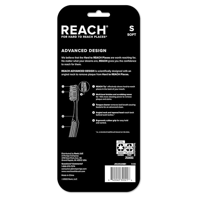 Reach Advanced Design Toothbrush with Toothbrush Cap, Angled Neck, Soft Bi-Level Bristles, Contoured Handle, Tongue Scraper, 6 Count