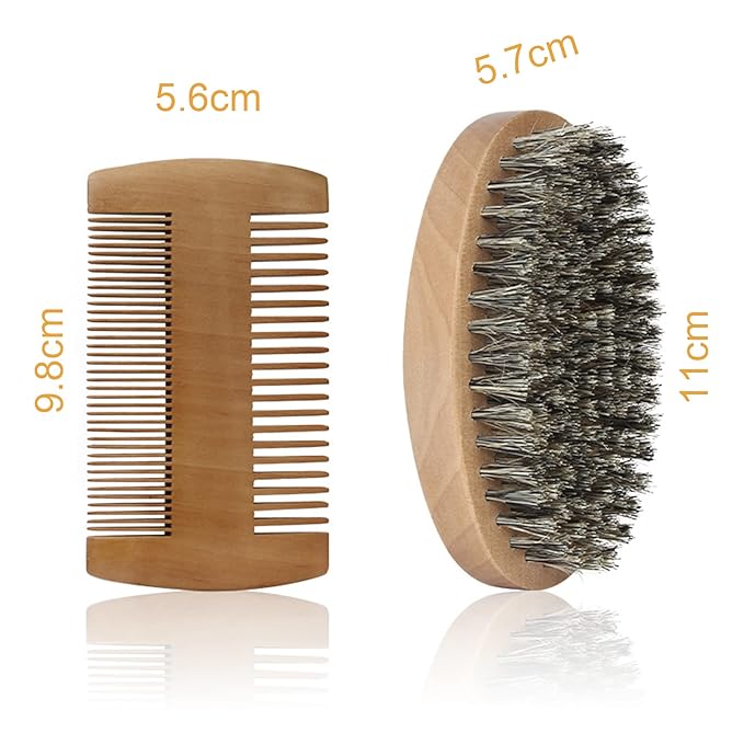 Fan Wu Beard Brush and Dual-Sided Wood Comb Set – Natural Boar Bristle Grooming Kit with Velvet Travel Pouch, Anti-Static for Beard, Mustache & Hair – Gift for Men