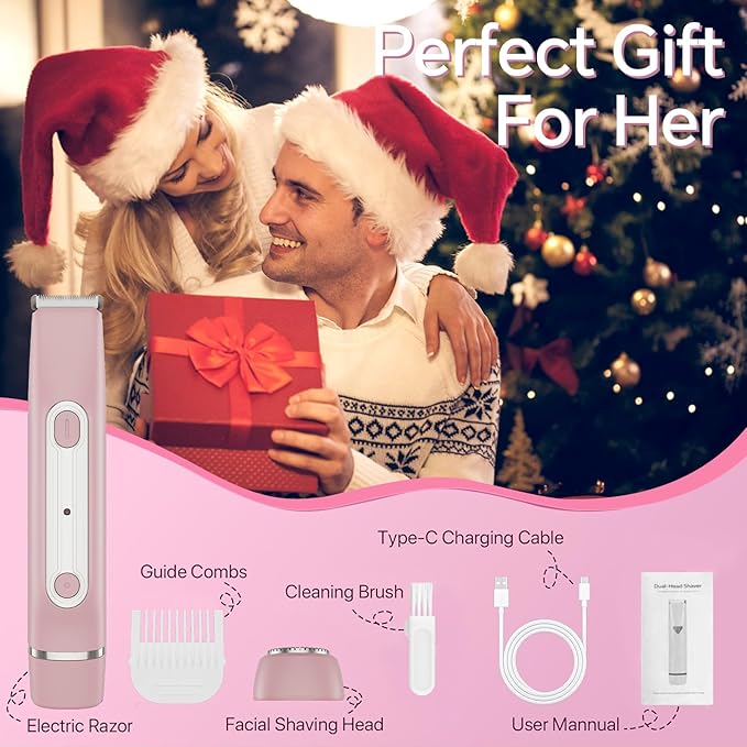Bikini Trimmer for Women - 2 in 1 Dual Head Electric Razor, Painless Pubic & Body Hair Remover for Face, Legs, Underarms, IPX6 Waterproof, Cordless Rechargeable for Travel, Gift for Her (Pink)