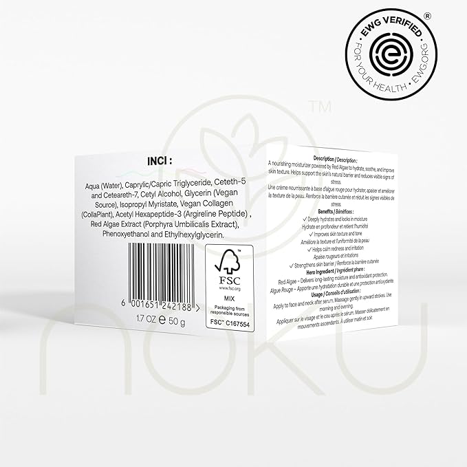 Noku Marine Cream β EWG VERIFIED UltraHydrating Anti-Aging Moisturizer for Men & Women with Red Algae, Vegan Collagen & Argireline Peptides | 50 ml | Vegan, Cruelty-Free, Award-Winning Formula