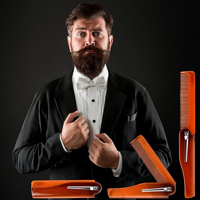 4-in-1 Folding Beard & Mustache Comb for Men, Best Pocket Folding Comb for Moustaches and Short Beards for Men Travel Fine Tooth Hair Combs for Everyday Grooming Styling
