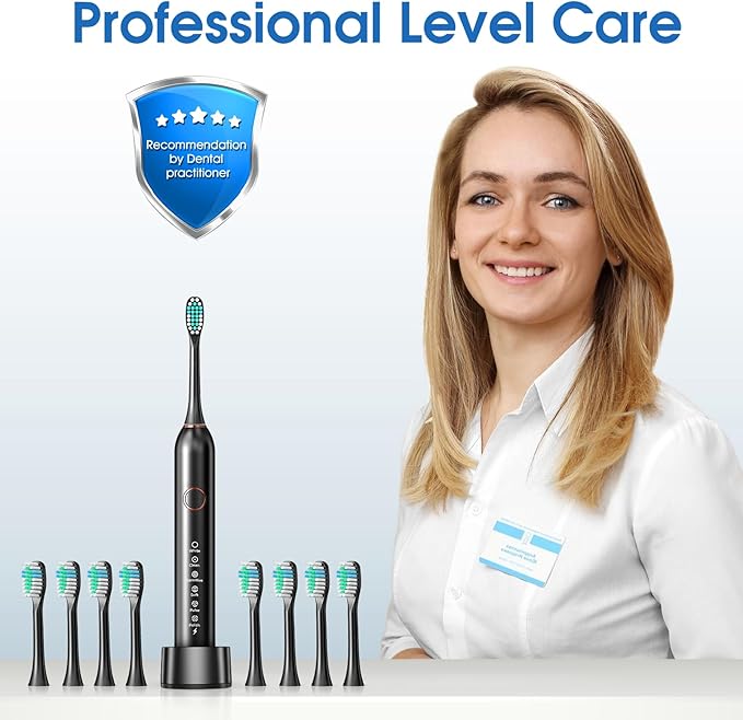 Electric Toothbrush, Sonic Type for Adults & Teens, 8 Brush Heads, Travel Case, 6 Modes, 40000 VPM Electric Motor, IPX7 Waterproof, 2 Minutes Timer, Wireless Charging, One Charge for 100 Days (Black)