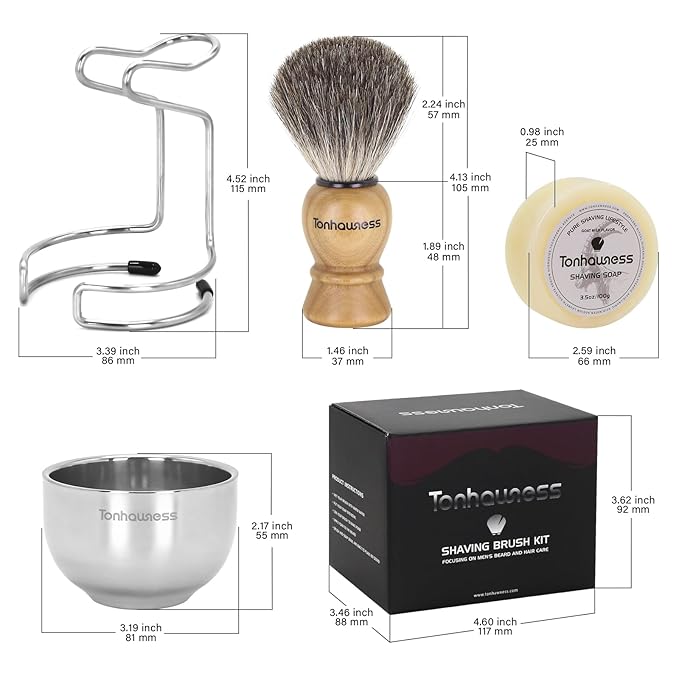 Shaving Brush Kit for Men, 4 in 1 Shaving Brush Set Includes Pure Badger Shaving Brush, Shaving Soap and Stainless Steel Shaving Bowl & Stand for Men’s Barber Shave Gift