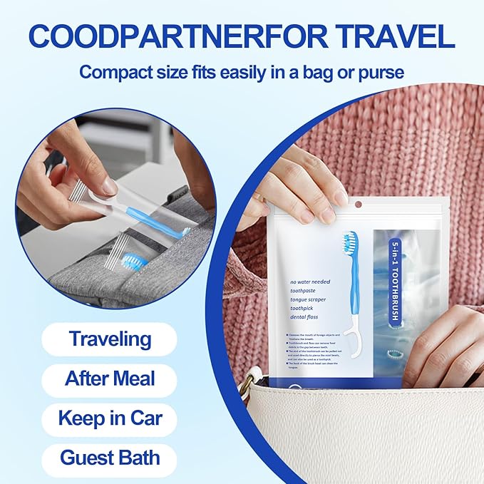 5 in 1 Mini Brushes-Disposable Toothbrushes with Toothpaste + Floss + Pick + Tongue Scraper | Travel Size | Individually Wrapped | Soft | Mint | Travel Set (Mint, 52pcs(2Pack))