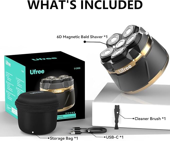 Ufree Head Shavers for Bald Men, Electric Shavers Razor, Rechargeable Bald Head Razor, Magnetic 6D Rotary Shaver, Waterproof Face Beard Trimmer Mens Grooming Kit, Gifts for Men