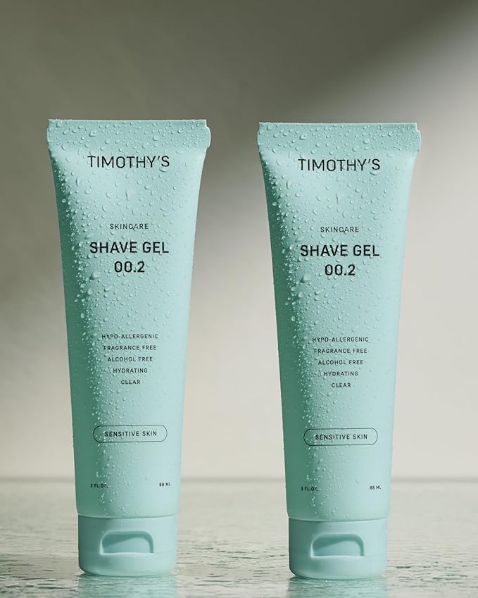 Timothy's Unscented Shave Gel, Two 3 ounce tubes, Alcohol Free, Paraben Free, Fragrance Free, SLS Free, Clear and Transparent, Slick and moisturizing