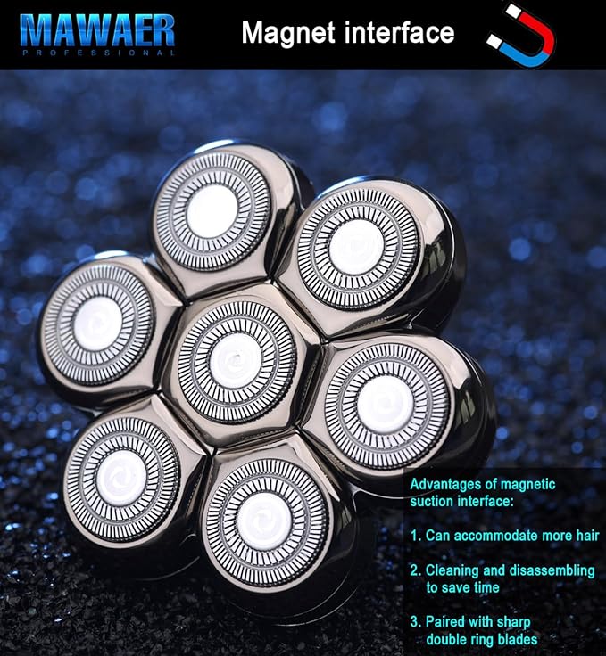 Universal Magnetic 7 Blades Head Shaver Replacement Heads Compatible with Freedom Eagle Shaver, Compatible with mainstream shaver brands, Universal replacement heads (7 Silver)