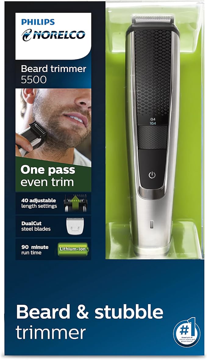 Philips Norelco Beard Trimmer and Hair Clipper Series 5500, electric, cordless, one pass beard trimmer and hair clipper with washable feature for easy clean - No blade oil needed - BT5511/49