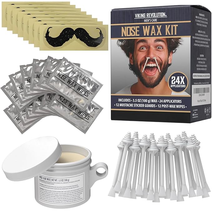 Viking Revolution Nose Hair Waxing Kit for Men - Quick Kit Men with 24 Wax Sticks - Nose Hair Wax Kit Includes Mustache Sticker Guard and Post-Wax Calming Wipes with Aloe Vera (3.5 oz)