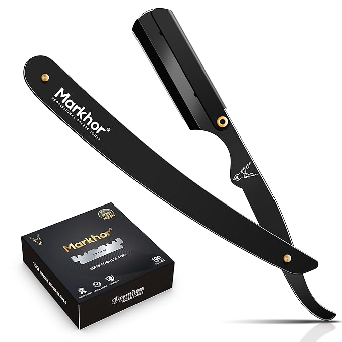 Markhor® Straight Razors for Men with 100 Single Edge Razor Blades | Matte Black Barber Straight Razor | Straight Edge Razor | Barber Razor Blade | Navajas Para Barbero