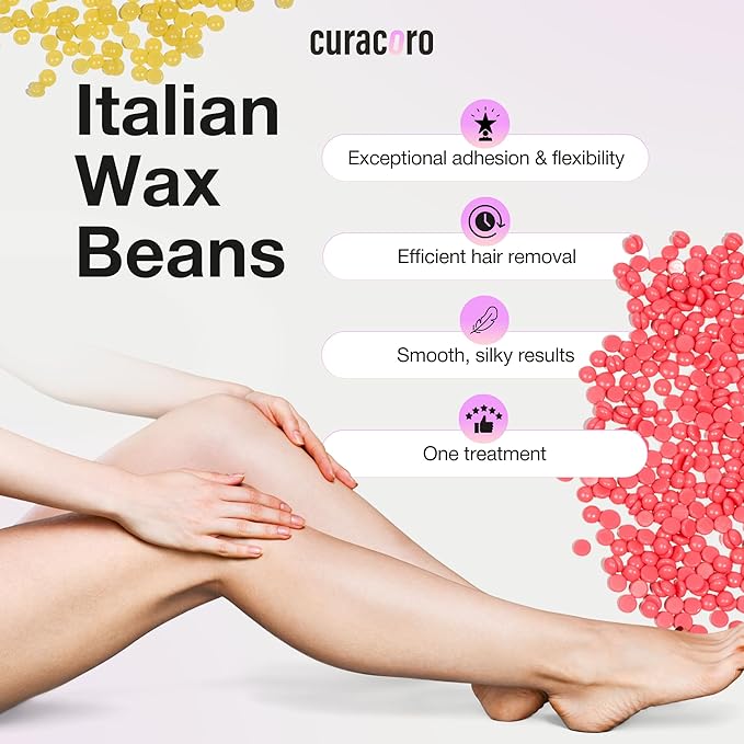 Curacoro Italian Wax Beans - 200g Hard Wax Beads for Full Body Hair Removal on Face, Body, Brazilian, Bikini, Legs, Underarms, Skin-Friendly Waxing Beads for Women & Men, Made in Italy (Orange)