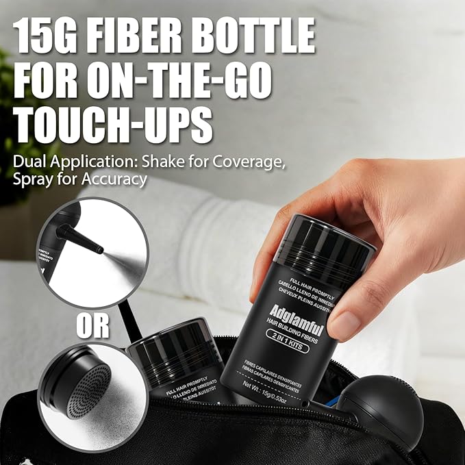 Hair Building Fibers Set, 15g x 2 Bottles with Press Applicator, Lightweight Fiber Powder for Thinning Areas, Natural Volume, Travel-Friendly Kit, Black