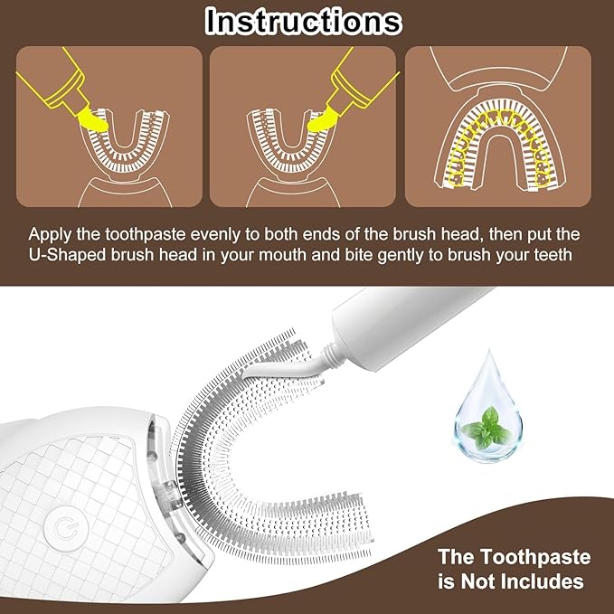 Electric Toothbrush for Adults, U Shaped Automatic Toothbrush for 360-degree Cleaning, 3 Modes for Whitening, Wireless Charging Kit for Travel or Home(White)