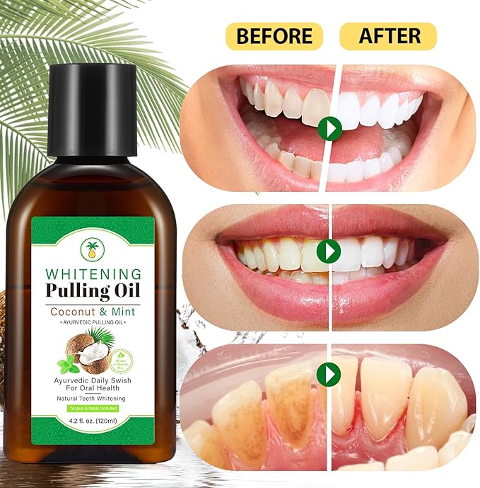 Coconut Mint Oil Pulling, 2 Pack Whitening Oil Pulling Mouthwash for Teeth and Gums with Tongue Scraper &Measuring Cup, 100% Natural& Alcohol Free Help Fresh Breath