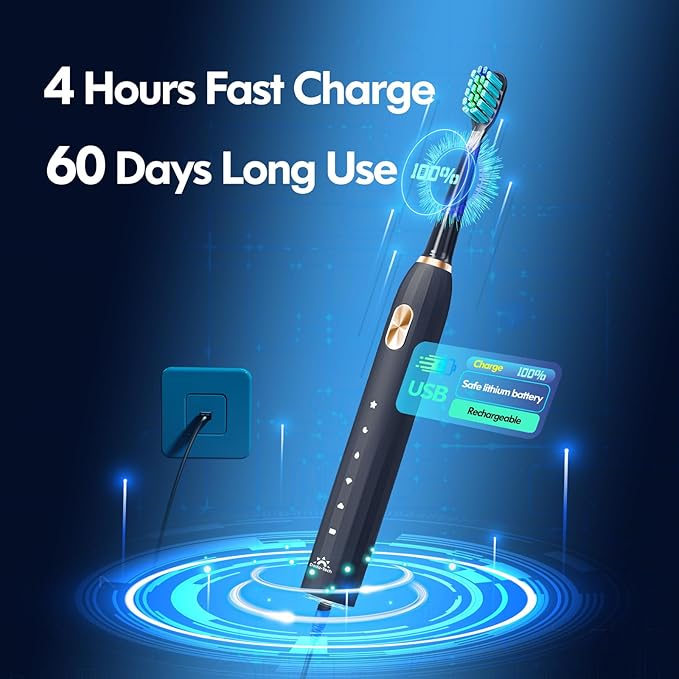 Ultrasonic Toothbrush for Adults Sonic Toothbrush, 9 Brush Heads, 5 Cleaning Modes, 4-Hour Charge Lasts 60 Days Electric Toothbrush (Black)