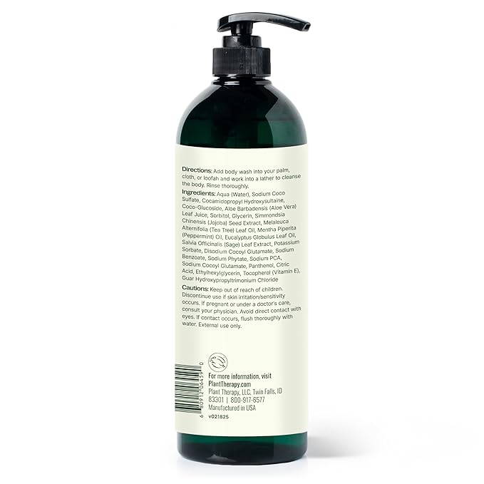 Plant Therapy Tea Tree and Peppermint Essential Oil Natural Body Wash with Pump 32 oz For all Skin Types, Sulfate Free Body Wash, For Men or Women