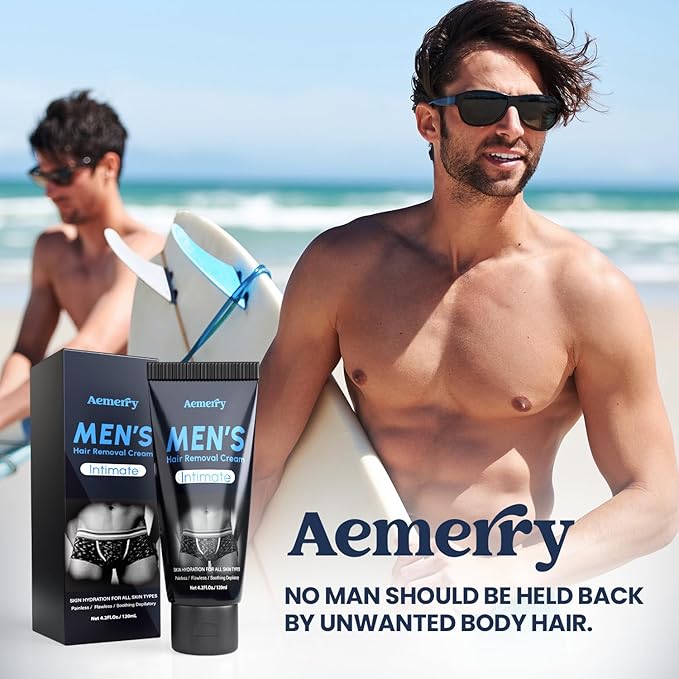 Hair Removal Cream for Men - Painless Depilatory Cream for Manscaping Unwanted Coarse Hair - Suitable for All Skin Types and Sensitive - Infused with Aloe Vera and Vitamin E - 4.2 Fl Oz