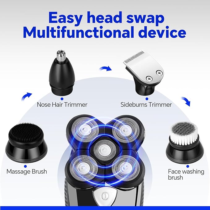 Bald Head Shaver,Electric Head Shavers for Bald Men, 5-in-1 Head and Face Grooming Kit, Waterproof Cordless Rotary Razor and USB Rechargeable,Gifts for Men