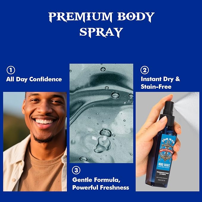 CLESH Fragrance Mist, Body Spray for Men, 3.4 Fl Oz, 3 Pack, Noir Wave, Oud Dynasty, Amber Trail, Long Lasting Mens Body Spray