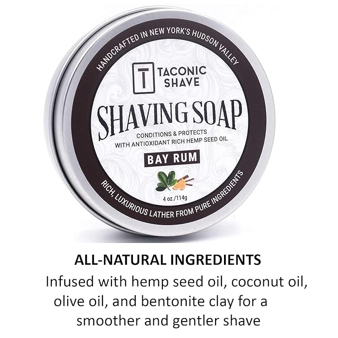 Taconic Shave Bay Rum Scent Shaving Soap – Warm Spiced Aroma – Barbershop Quality Lather Puck with Coconut & Olive Oils – Classic Wet Shave – Made in USA