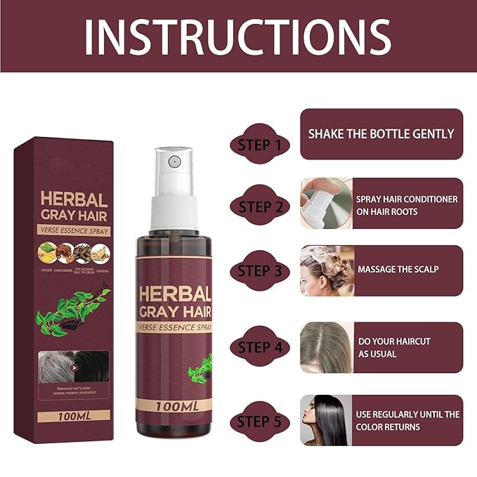 100ml Herbal Hair Tonic Spray for Gray Hair - Turns Gray to Black, Promotes Hair Regrowth & Reduces Dandruff - Natural Scalp Treatment with Ginseng & He Shou Wu