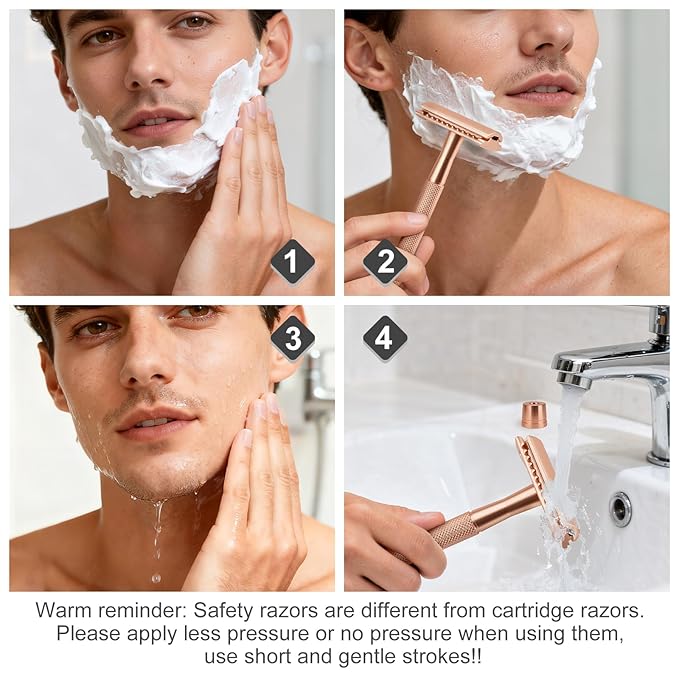 Safety Razor with Stand for Men & Women - Double Edge Single Blade Razor, One Blade Razor with 10 Blades & Metal Stand - Reusable Mens & Womens Shaving Razor (Complete Kit)-Rose gold