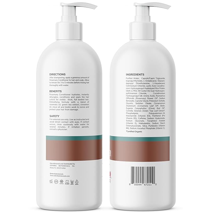 Rosemary Oil Conditioner Treatment with Biotin for Thinning Hair, Anti-Hair Loss, Detangling, Nourishing & Strengthening, Women & Men, Sulfate-Free, Organic, 16 fl oz