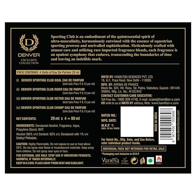 Denver Sporting Club Luxury Gift Set for Men, 4 x 0.68 Fl Oz Eau de Parfum Collection | Goal, Rider, Victor and Champ | Long-Lasting Fragrance and Odor Protection